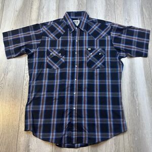 Ely Cattleman Mens Large Blue Red Plaid Pearl Snap Short Sleeve Western Shirt